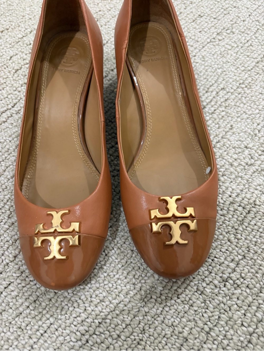 Tory Burch Cognac Leather Logo Cap-Toe Flats with Gold Emblem